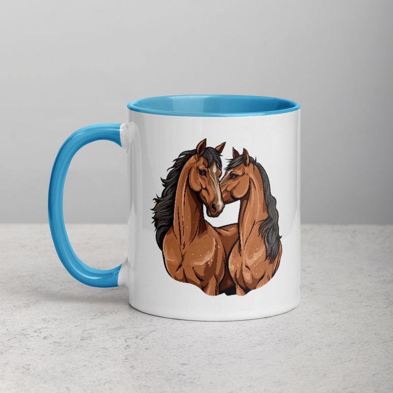 White Ceramic Mug with Color Inside, 11&amp;15oz, Two brown horses snuggling, tdwcyd