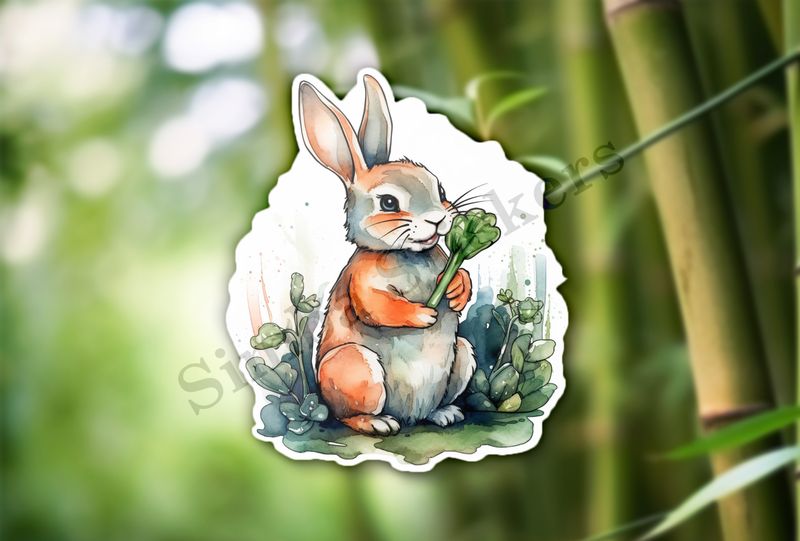Rabbit holding leafy greens, watercolour