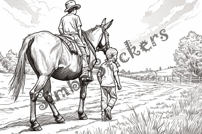 Colouring pages, bundle of mules carrying passengers, 10 images