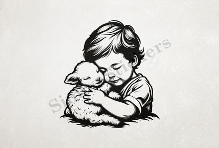 Small lamb cheek-to-cheek with small boy , outline art
