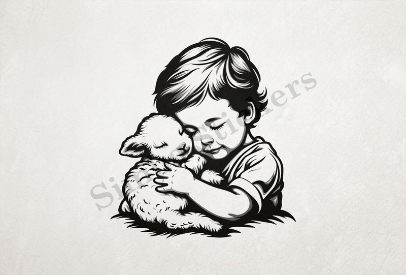 Small lamb cheek-to-cheek with small boy , outline art