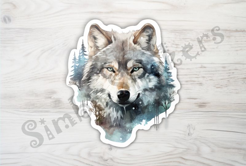 Wolf serious face, snowy watercolour