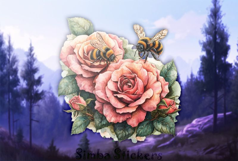 Bees flying around romantic rose flowers, watercolour