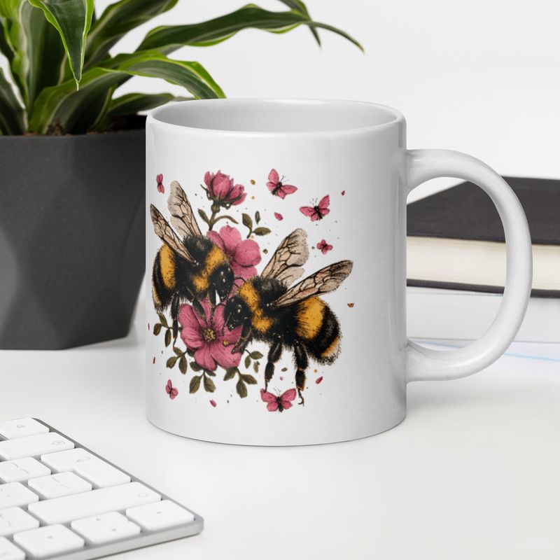White Glossy Mug, 20oz, Bees in love buzzing around pinkish flowers, vintage style 