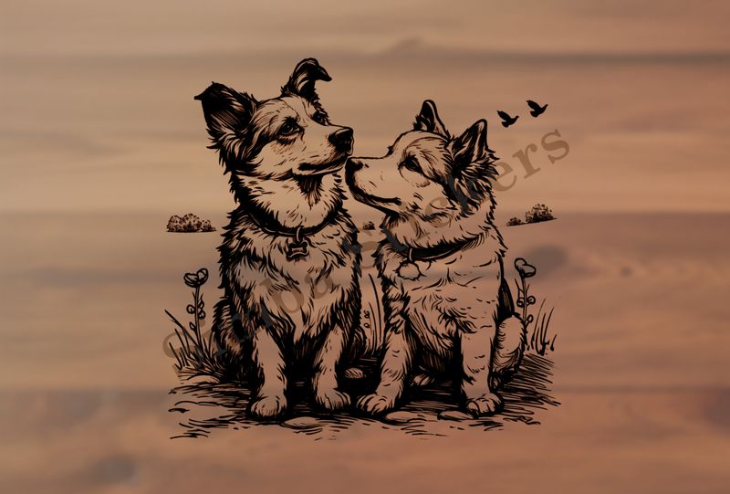 Dogs in love in the countryside, outline art, pms3lj