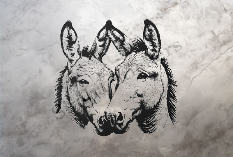 Donkeys in love, nose-to-nose, outline art