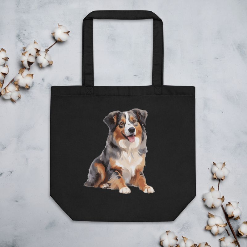 Eco Tote Bag, Australian Shepherd dog sitting with tongue out, multiple colours