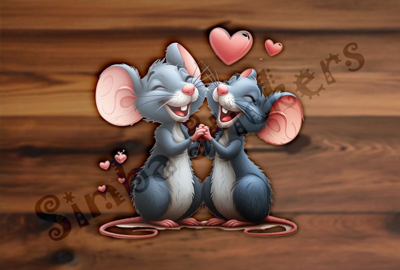 Mice laughing while holding hands, Valentine&#x27;s hearts above