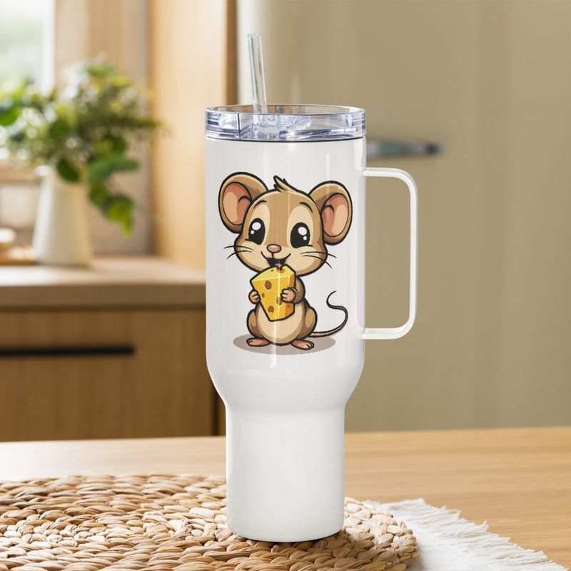 Travel Mug, Cattle, Small Mouse happily licking large chunk of cheese, pqapy6