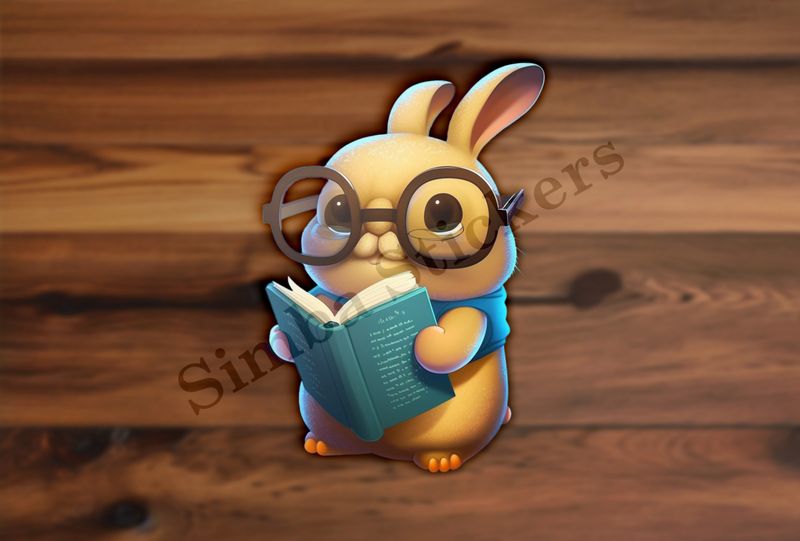 Chubby bunny with glasses holding a book