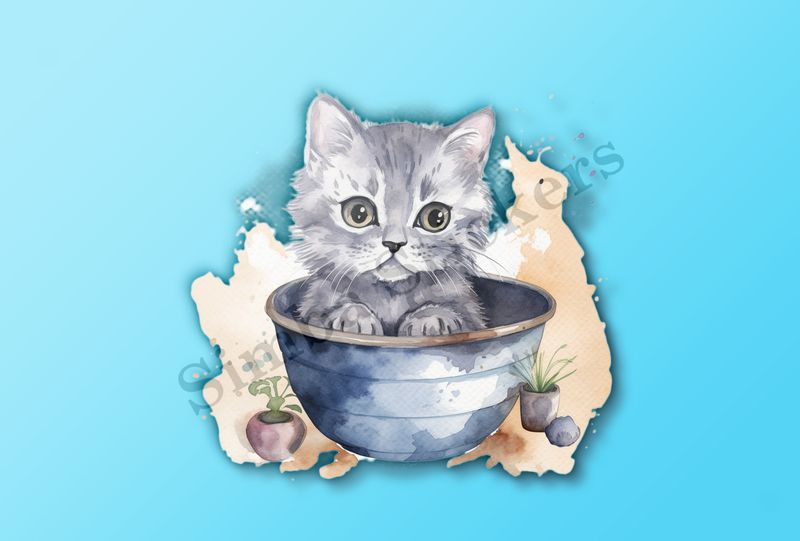 Kitten cat in bowl, watercolour