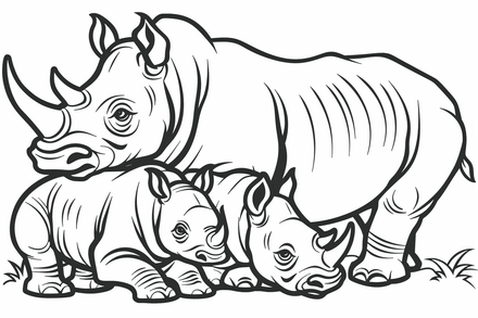 Colouring pages, bundle of rhino families, 10 images
