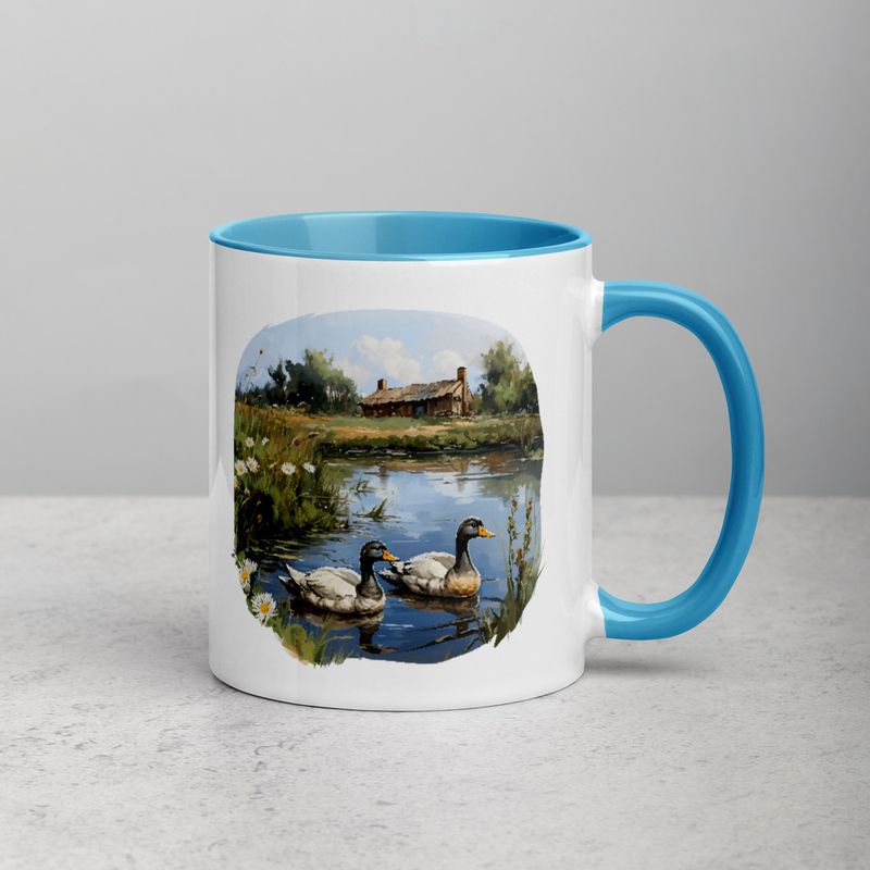 White Ceramic Mug with Color Inside, 11 &amp;15oz, Ducks in love swimming in farmhouse pond 