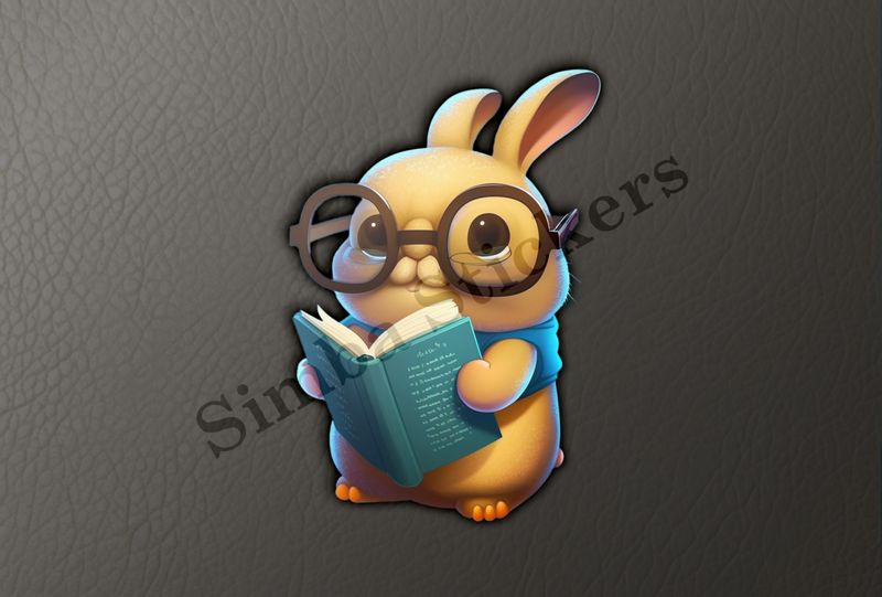 Chubby bunny with glasses holding a book