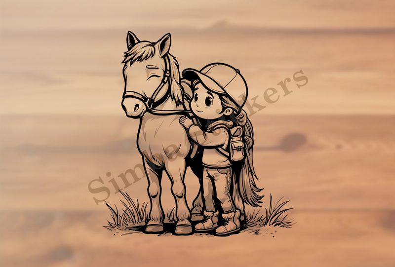 Horse being ridden by a small girl in a baseball cap, outline art