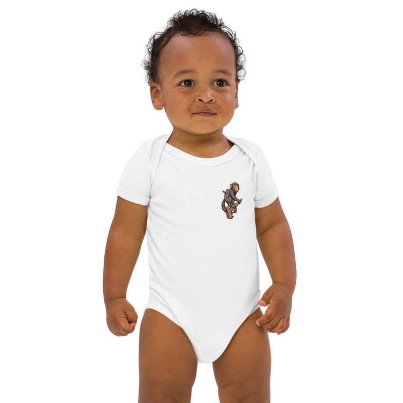 Organic Cotton Baby Bodysuit, 3-18 months, Baboon on a tree, looking sad, left chest
