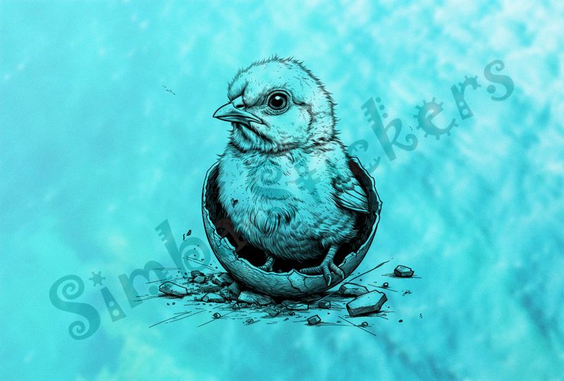Chick sitting on broken egg shell after hatching, outline art
