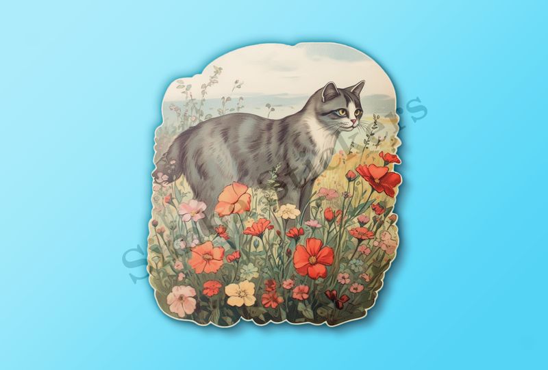 Vintage cat in flower field