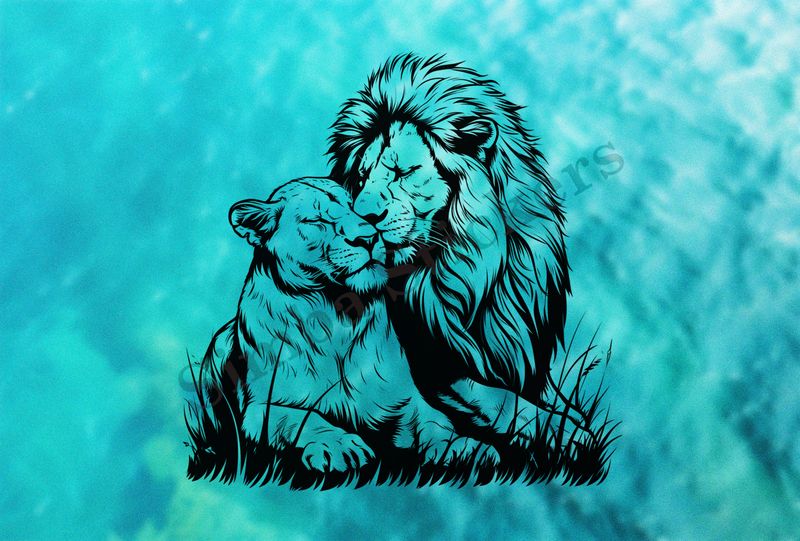Lion leaning into cuddling lioness,  outline art