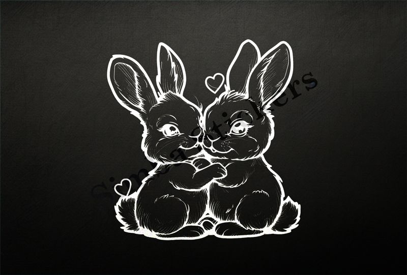 Rabbits in love, cheek-to-cheek,  outline art