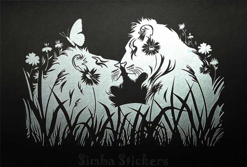 Male lion nose-to-nose with lioness, outline art, 1osfyq