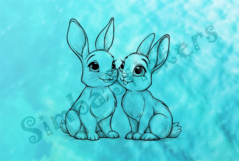 Hares in love cheerfully, outline art