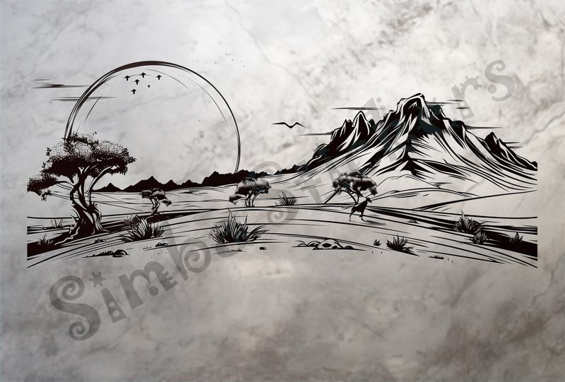 African Savanna landscape, huge sun setting, outline art