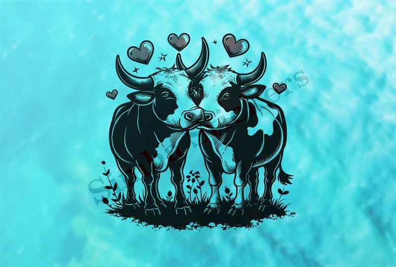 Bull and cow in love , standing in the grass, outline art