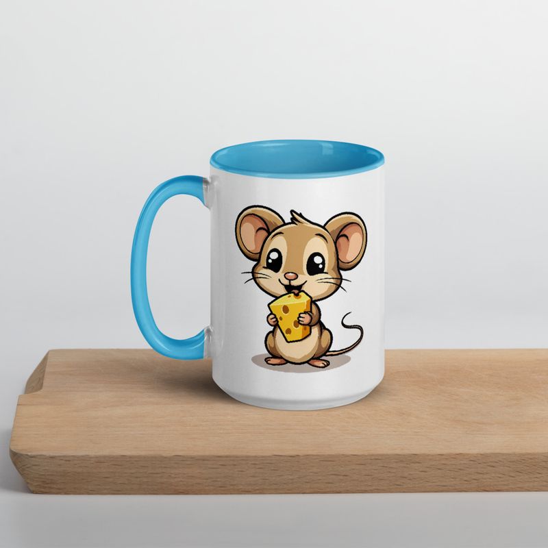 White Ceramic Mug with Color Inside,11&amp;15oz,Small Mouse happily licking large chunk of cheese,pqapy6