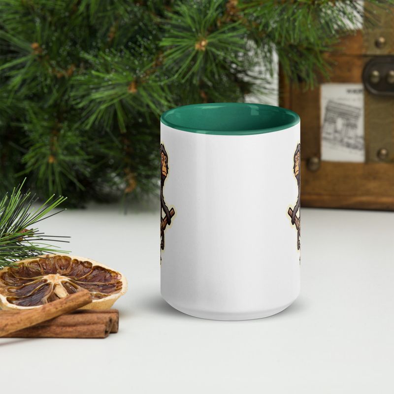 White Ceramic Mug with Color Inside, 11oz &amp; 15oz, Baboon on a tree, looking sad, head-to-head
