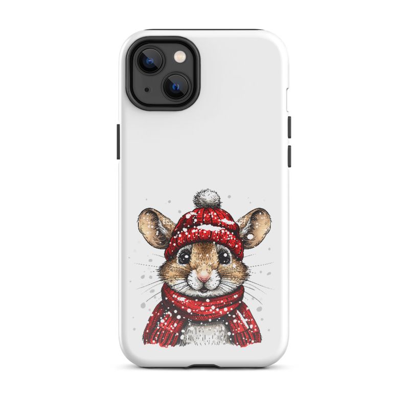 Tough Case for iPhone, Mouse wearing red winter hat and scarf in the snow, xg8dl3