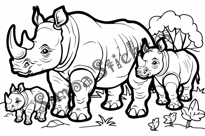 Colouring pages, bundle of rhino families, 10 images