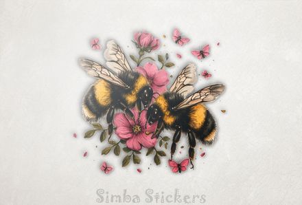 Bees in love buzzing around pinkish flowers, vintage style