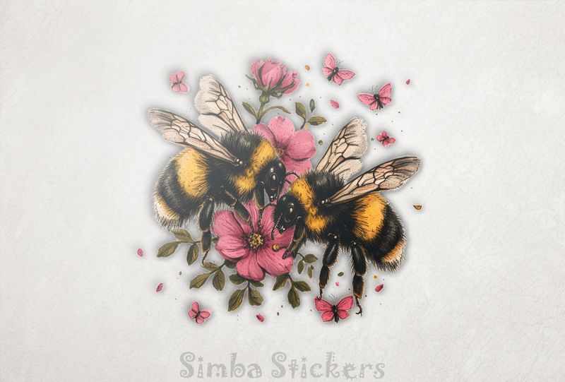 Bees in love buzzing around pinkish flowers, vintage style