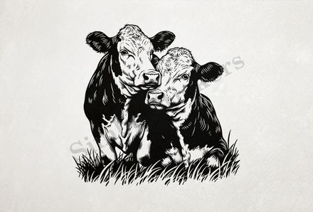 Bull and cow in love in the grass, outline art