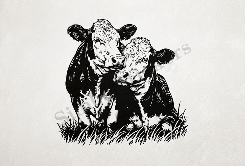 Bull and cow in love in the grass, outline art