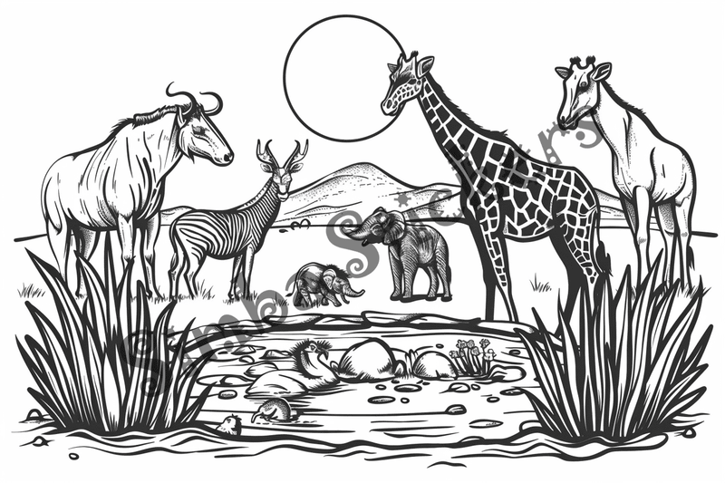 Colouring pages, bundle of African Savanna landscape, 25 images