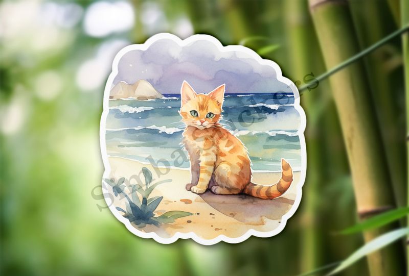 Cat on the beach, watercolour