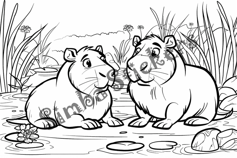 Colouring pages, bundle of capybara duos, 10 images