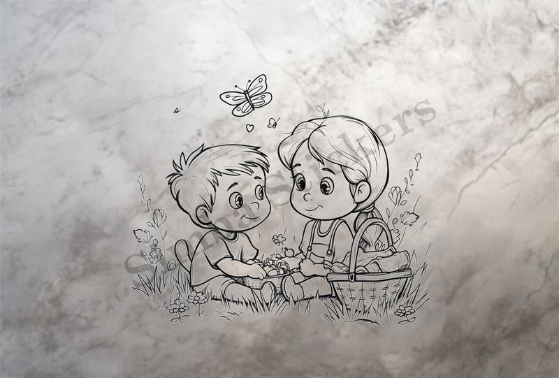 Cute boy and girl with picnic baskets, outline art