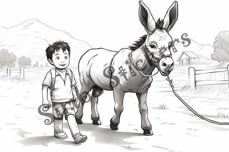 Colouring pages, bundle of donkeys with children, 25 images 2