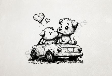 Dogs in love sitting in a car, outline art