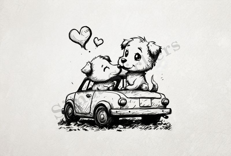 Dogs in love sitting in a car, outline art