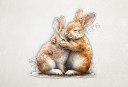 Bunnies in love , one hugging the other affectionately