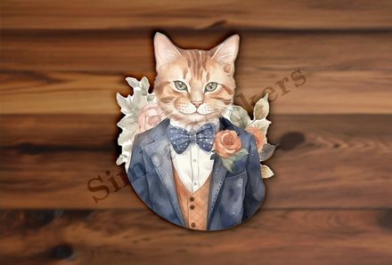 Cat in vitage suit, flower in pocket, watercolour