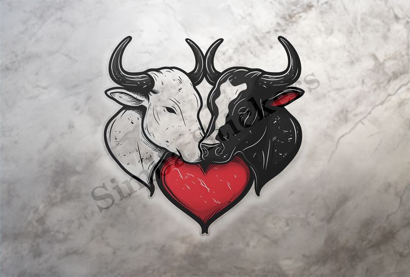 Bull and cow, romantic, with large heart,  outline art