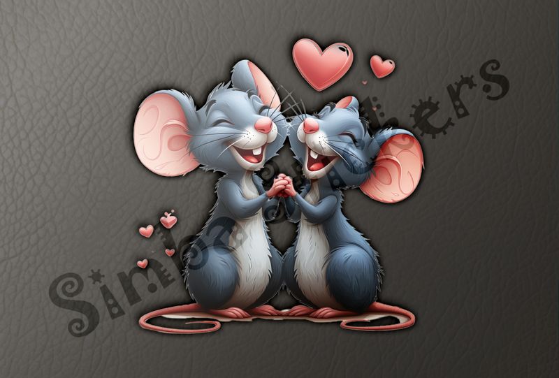Mice laughing while holding hands, Valentine&#x27;s hearts above