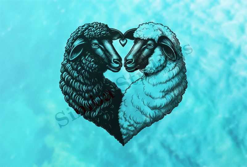 Sheep in love, one white, one black, forming a heart, outline art