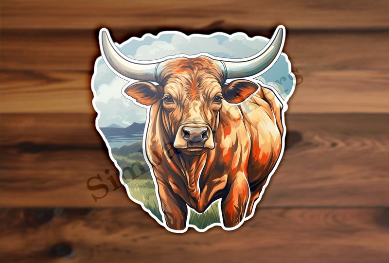 Bull grazing, cloudy blue background