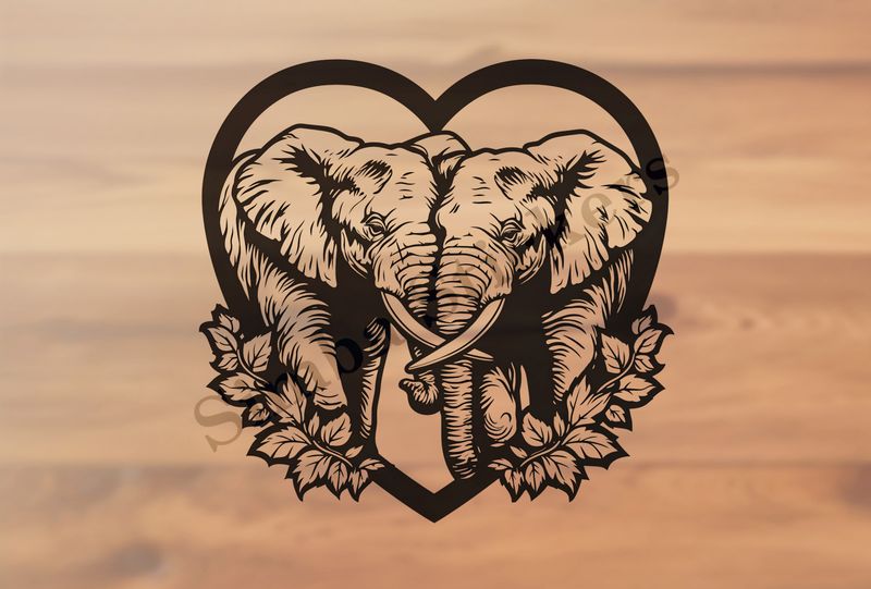 Elephants in love,  in romantic heart shape, outline art